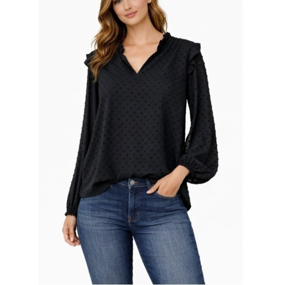 J.Crew Women's Black Clip Dot Ruffle Neck Long Sleeve Blouse Size XL